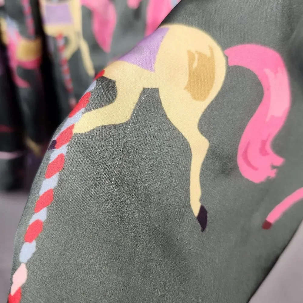 Karen Mabon Whimsical CAROUSEL Satin Pajama Shirt Women's Size XLARGE Green RARE